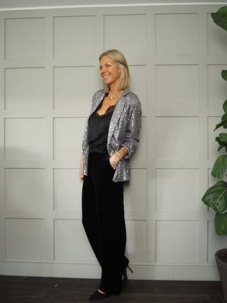 Jolie Sequin Blazer with Lapel and Faux Front Pockets - Black, Green, Silver
