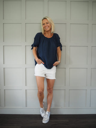 Denim Shorts with Frayed Hem - Off White