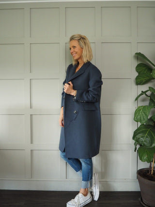 Jenci Double Breasted Handmade Coat, Wool Mix with Lapel Collar, Pockets &amp; Buttoned Cuffs by Rino &amp; Pelle - Night and Stone