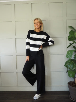 Tia Soft Jumper &amp; Trouser Lounge Set - Black, Stone and White Stripe
