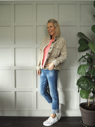 Mineral Corduroy Over-shirt Jacket, with High Neck Button-Up Collar &amp; Contrasting Button Fastening by Moss Copenhagen - Coral, Stone