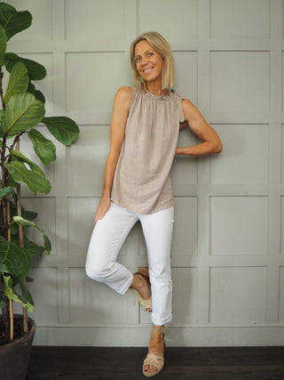 Verity Sleeveless Top with Tie Shoulder Detail - Baby Pink,  Black, White