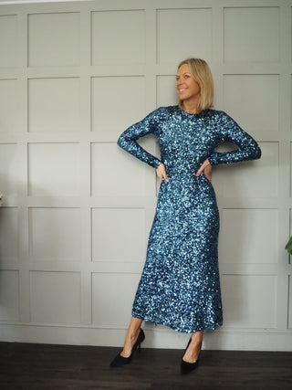 Havana Sequin Dress with Open Back and Tie Detail by Ottod'Ame - Blue