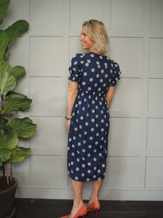Gabrielle Cotton Midi Dress with Embroidered Detail by Frnch - Navy Blue