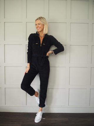 Reve Long Sleeved Corduroy Jumpsuit with Front Zipper Fastening &amp; Chest Pockets - Navy
