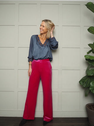 Neava Long Sleeve Lace Trimmed, Satin Feel Top - 11 Colours