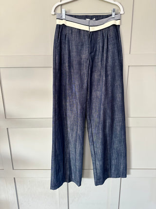 Wispa Cotton Wide Leg Trousers with Stripy &amp; Cream Waistband - Black