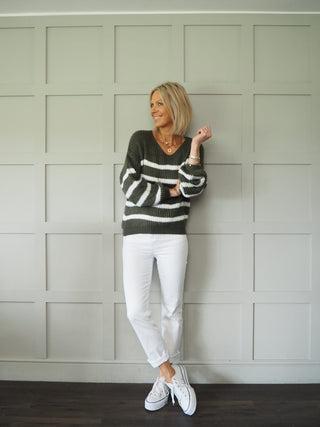 Mahina V-Neck, Striped Jumper - Khaki, Light Blue