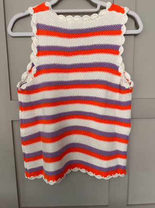 Cassis Crochet, Striped Tank Top by Frnch - Off White/Orange/Lilac