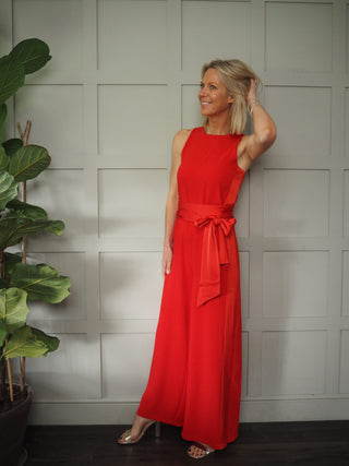 Palma Sleeveless Jumpsuit with High Round Neck, Silky-Feel Side Panel - Black, Champagne, Navy Blue, Red