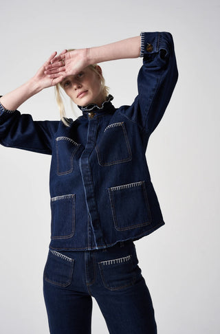 Pablo Frill Collar Jacket with Ecru Stitch Detail by Seventy Mochi - Black, Dark Denim, Peony Pink and Vintage Americana