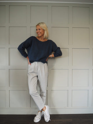 Lauren Cotton Trousers - Navy Blue/Off White Stripes