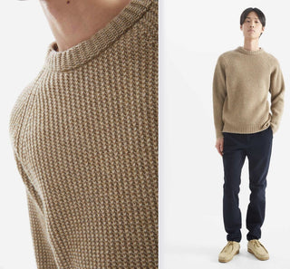 Men's Duo Round Neck Chunky Knit Jumper - Green/Navy, Ochre/Camel