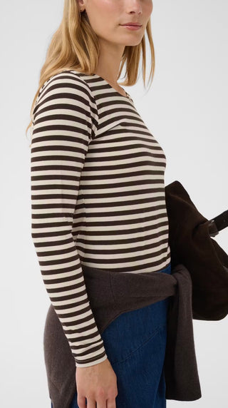 Nemajas Long Sleeve Stripe T Shirt - Ecru/Mole, Grey/Navy