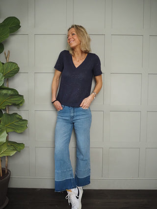 Pillar High Rise, Wide Leg Cropped Jeans with Raw Hem - Light Blue