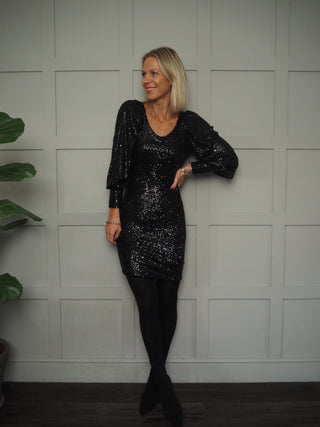 Isla Sequin V-Neck Dress with Balloon Sleeves - Silver