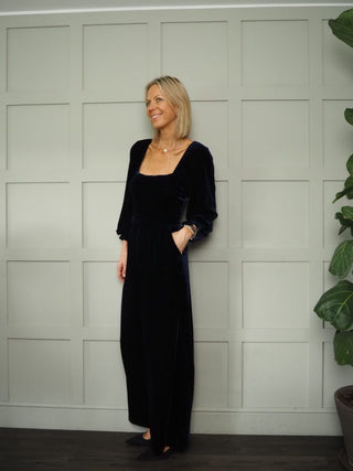 July Velvet Wide Leg Jumpsuit with Deep, Square Neckline Front &amp; Back, Long Sleeve with Frilly Detail by Frnch - Navy Blue