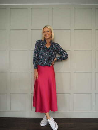 Veronica Floral Blouse with Ruffle Detail - Navy Blue
