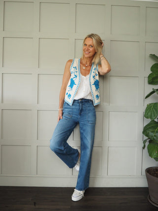 Briana Embroidered Cotton Waistcoat with Floral Design, No Fastenings - Ecru