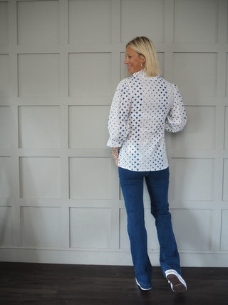 Diamond Long Sleeve Blouse with Ruffle Collar - Off White/Blue