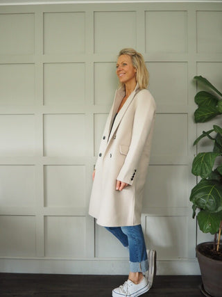 Jenci Double Breasted Handmade Coat, Wool Mix with Lapel Collar, Pockets &amp; Buttoned Cuffs by Rino &amp; Pelle - Night and Stone