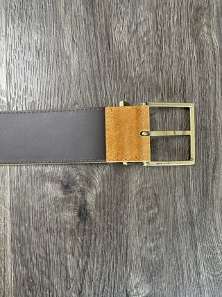 Farrah Leather and Suede Belt with Square Gold Metal Buckle - Black