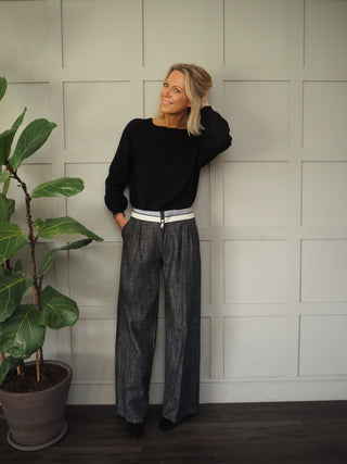 Wispa Cotton Wide Leg Trousers with Stripy &amp; Cream Waistband - Black