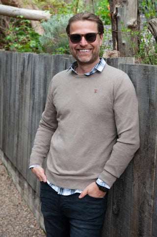 Men’s Rudy Round Neck Cotton Jumper - Stone with Logo