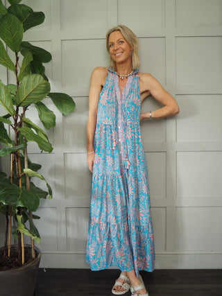 Daisy Silk Mix Maxi Dress - Blue/Pink/Gold