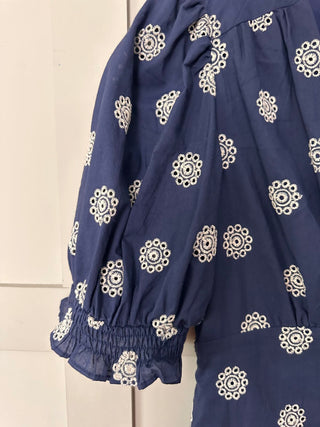 Gabrielle Cotton Midi Dress with Embroidered Detail by Frnch - Navy Blue