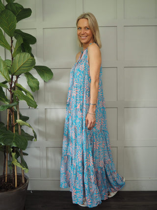 Daisy Silk Mix Maxi Dress - Blue/Pink/Gold