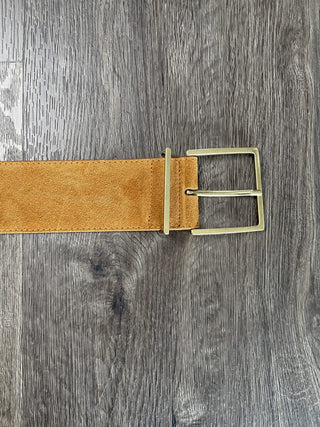 Farrah Leather and Suede Belt with Square Gold Metal Buckle - Black