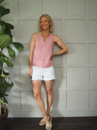 Pandora Linen Vest Top - Blue, Rose Pink, Stone, White