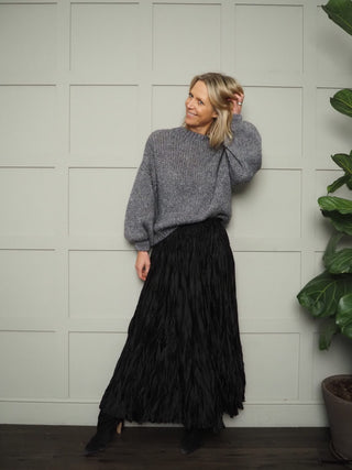 Houla Round Neck Jumper with Ribbing Detail - Black, Ecru and Khaki