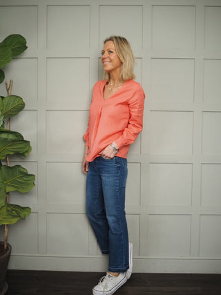 Pandy V Neck Long Sleeved Linen Blouse - Stone