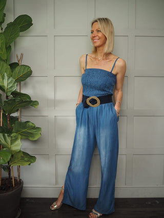 Parki Denim Look Sleeveless Jumpsuit with Shoestring Straps, Ruched Bodice - Denim Blue