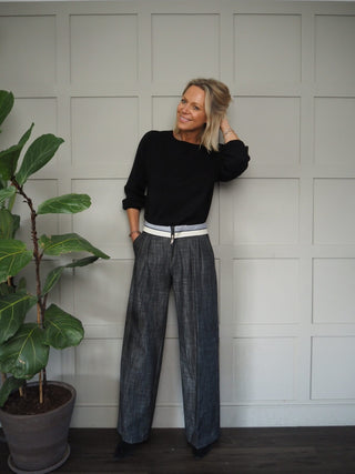Wispa Cotton Wide Leg Trousers with Stripy &amp; Cream Waistband - Black