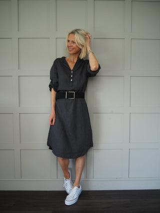 Farrah Leather and Suede Belt with Square Gold Metal Buckle - Black