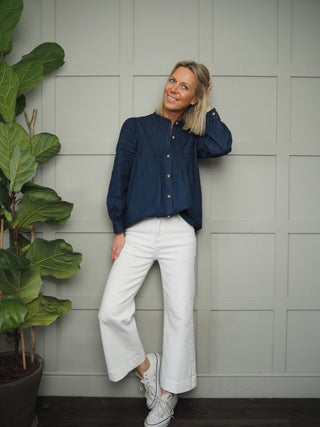 Onado Pleated Round Neck Shirt - Dark Denim