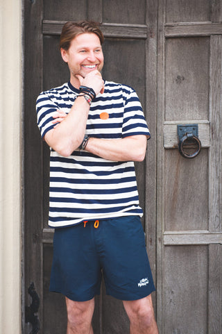 Men's Hazpa Spot Cotton T-Shirt by Loreak Mendian - Off White/Navy Stripe with Logo