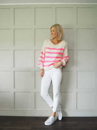 Mahina V-Neck, Striped Jumper - Khaki, Light Blue