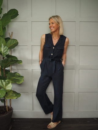 Evali Short Sleeve Linen Jumpsuit with V Neck &amp; Collar, Button Fastening - Navy Blue and Stone