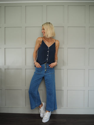 Pops Camisole Button Front with Gold Piping - Navy Blue