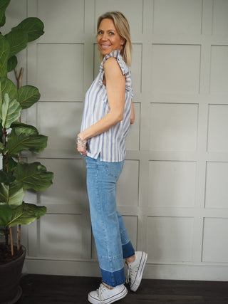 Grace Cap Sleeves Top - Blue/Off White Stripes