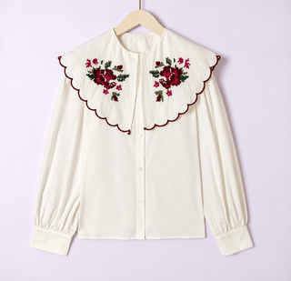Felsted Blouse with Embroidered Peter Pan Collar - Navy Blue, Olive, Off White
