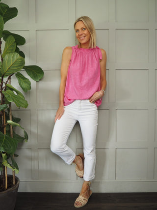 Verity Sleeveless Top with Tie Shoulder Detail - Baby Pink,  Black, White