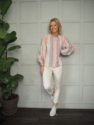 Capucine Cotton Blouse by Frnch - Oatmeal with Multi Coloured Stripes