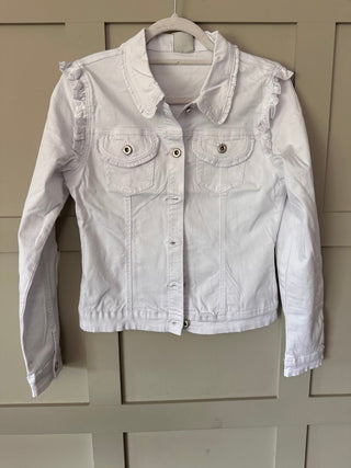 Ralliella Cropped Denim Jacket with Ruffle Shoulder &amp; Collar Detail, Button Fastening - White