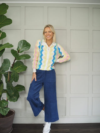 Prunella Corduroy Cropped, Wide Leg, High Waist Trousers by Frnch - Blue