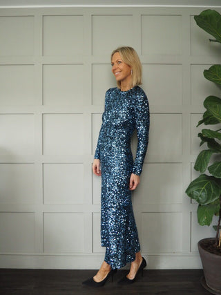 Havana Sequin Dress with Open Back and Tie Detail by Ottod'Ame - Blue